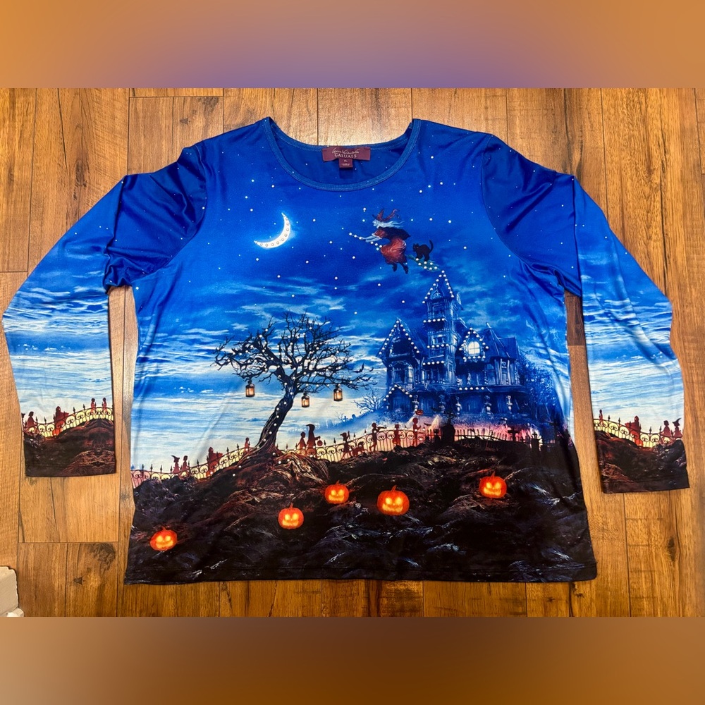 Gloria Vanderbilt Casuals Halloween Haunted House Witch Moon Shirt Women’s XL